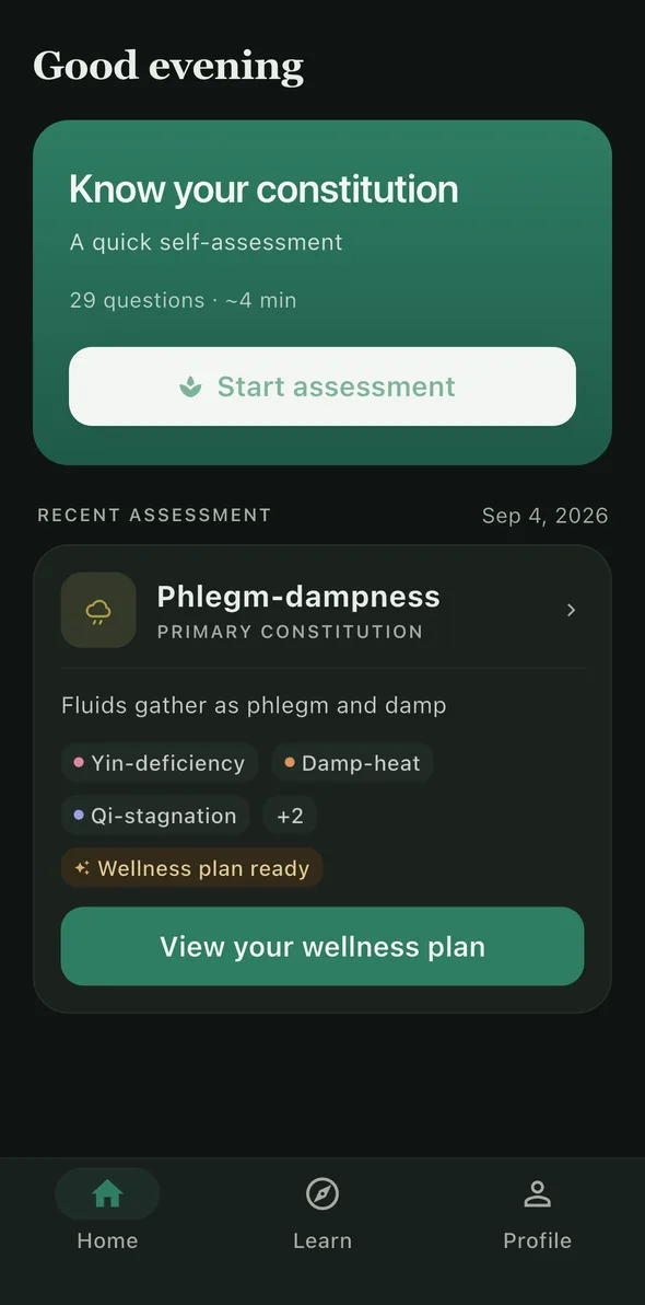 WellTao app home screen — start your TCM constitution assessment