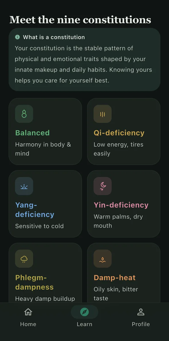 WellTao learn section — explore the nine TCM constitution types