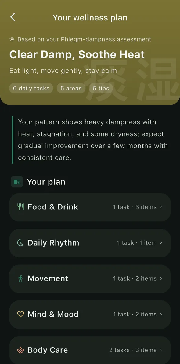 WellTao personalized wellness plan — diet, daily rhythm, movement and body care guidance